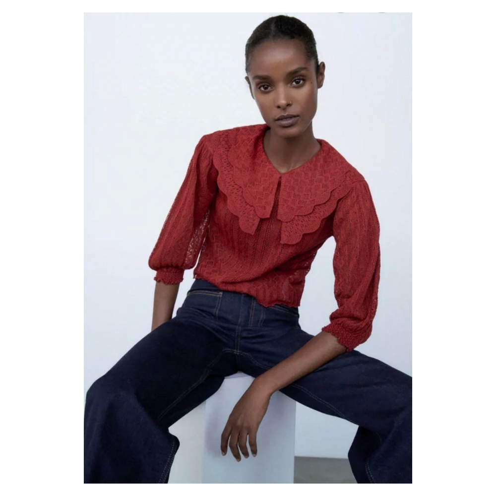 NWT Zara Pointelle Ruffle Collar Sweater